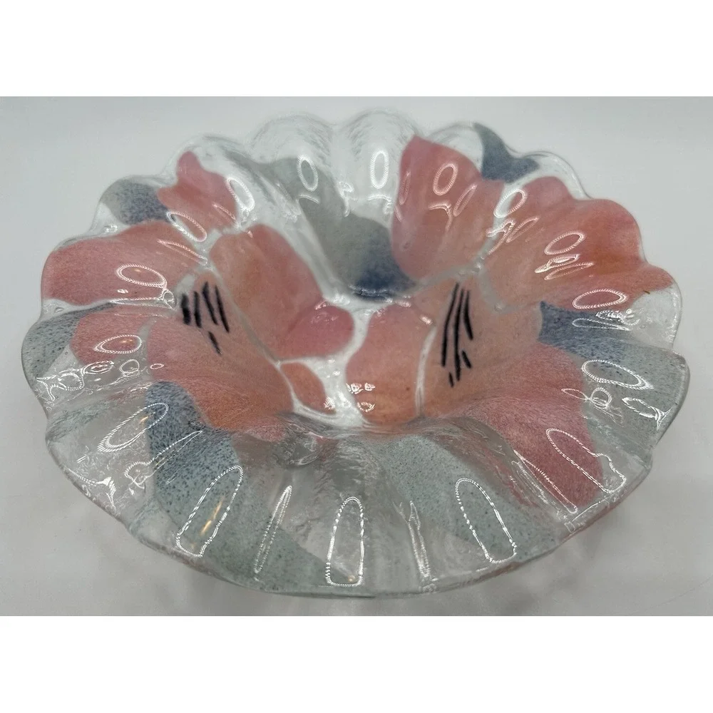 SYDENSTRICKER Fused Glass Fluted Small Bowl Pink Flowers Small Candy Dish‎ VTG
